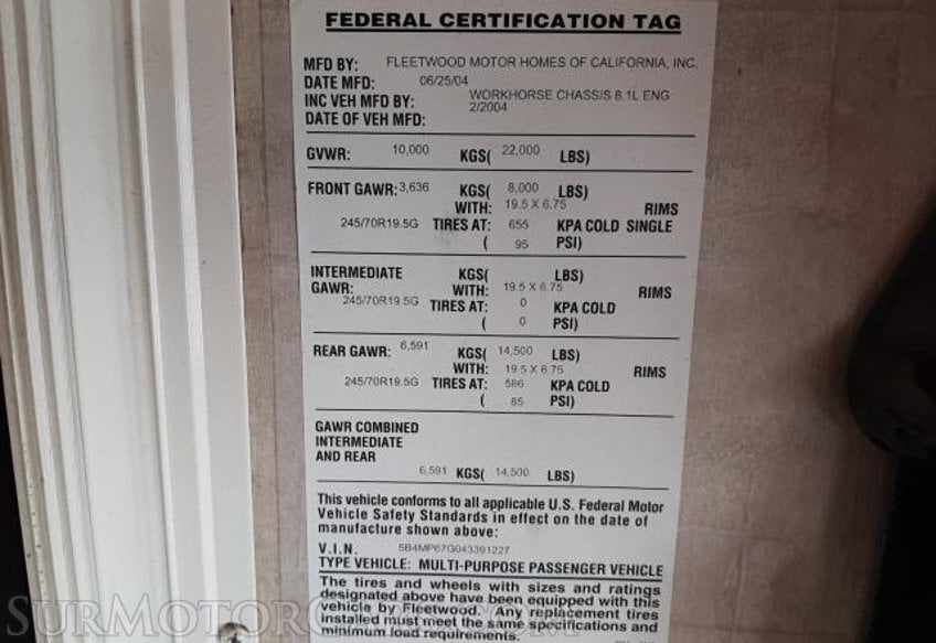 2004 Workhorse MOTORHOME CHASSIS W22 - Image 5